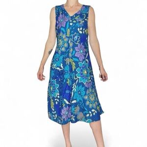 Coldwater Creek Blue Purple Floral Abstract Oversized Sleeveless Midi Dress